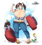  animal_humanoid anthro bandage big_breasts bovine breasts brown_hair cattle cleavage clothed clothing cow_humanoid cow_print dumbbell duo equine female flower footwear hair hataraki_ari horn huge_breasts humanoid jeans macro mammal midriff pants pigtails plant sandals shirt short_hair size_difference sukimi_(hataraki) ufo weights 