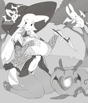  anthro big_breasts breasts clothed clothing female feral group hat hi_res kneeling lagomorph looking_at_viewer magic mammal monochrome nite rabbit smile witch_hat 