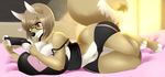  2017 anthro bed big_breasts black_nose breasts brown_hair canine clothed clothing coyote eyewear f-ss female glasses hair mammal navel on_bed psp short_hair slightly_chubby solo video_games 