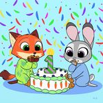  2017 anthro blue_background blueberry_(fruit) cake candle canine carrot clothed clothing confetti cute dipstick_ears dipstick_tail disney duo eating female food fox fruit fur green_eyes grey_fur hi_res judy_hopps lagomorph male mammal multicolored_tail nick_wilde orange_fur pajamas purple_eyes rabbit simple_background skeletonguys-and-ragdolls vegetable zootopia 