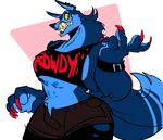  2017 5_fingers anthro big_breasts big_thighs biped black_clothing black_legwear black_topwear blue_fur blue_hair blue_nipples blue_nose blue_tail blush bracelet breasts brown_bottomwear brown_clothing canine claws clothed clothing crop_top crotch_tuft denim_shorts digital_drawing_(artwork) digital_media_(artwork) dipstick_tail ear_piercing english_text evil_grin eyelashes female fluffy fluffy_tail fur gesture hair hi_res humanoid_hands jewelry leggings legwear long_tail looking_at_viewer mammal mane_hair midriff multi_nipple multicolored_tail muscular muscular_female nipples piercing pink_background portrait red_claws rowdy_(saucysaucy) saucysaucy shirt shorts simple_background slit_pupils small_waist smile solo standing text three-quarter_portrait torn_clothing torn_leggings torn_legwear voluptuous were werewolf white_background yellow_sclera 