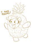  2017 costume earth_pony english_text equine eyelashes female food friendship_is_magic fruit hair horse mammal monochrome my_little_pony open_mouth pineapple pizza pony shoutingisfun simple_background smile solo standing text tongue white_background 