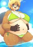  akitaka anthro belly big_breasts bikini blonde_hair blue_eyes blush breasts brown_fur claws cleavage clothed clothing fangs female fur hair kemono looking_at_viewer mammal markings navel nipple_bulge open_mouth outside overweight overweight_female skimpy sky socks_(marking) solo standing sun swimsuit tanuki thick_thighs water wet white_fur 