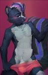  2017 4_fingers anthro black_fur blush bulge clothed clothing digital_media_(artwork) erection fur hair looking_at_viewer male mammal multicolored_fur open_mouth oselotti penis pink_fur purple_fur purple_hair simple_background skunk smile solo white_fur 