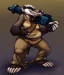  2017 anthro badger breasts bullet clothed clothing female gatling_gun gun hair inmate_43b khass machine_gun mammal minigun mustelid ranged_weapon shackles shirt solo tank_top teeth tooth_and_tail weapon white_hair 