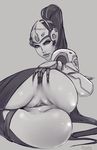  anus butt clothing female gloves headgear hi_res human humanoid liveforthefunk mammal monochrome not_furry overwatch ponytail presenting pussy simple_background solo spread_butt spreading video_games wide_hips widowmaker_(overwatch) 