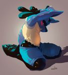  2015 anthro black_fur blue_fur blush canine clothed clothing digital_media_(artwork) fur looking_at_viewer lucario male mammal nintendo oselotti paws penis pok&eacute;mon red_eyes shiny simple_background solo video_games yellow_fur 