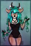  2016 blue_eyes bodysuit brown_fur cervine clothing deer felidre_(artist) fur hair hybrid ivy long_hair mammal markings plant ribbons skinsuit tight_clothing turquoise_hair white_fur 