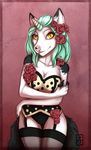  2016 canine clothing corset felidre_(artist) flower hair horn hybrid legwear lingerie mammal patch_(marking) plant rose short_hair smile stockings turquoise_hair wolf yellow_eyes 