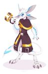  3_toes anthro blue_eyes clothed clothing digitigrade gun holding_object holding_weapon kyander male ranged_weapon simple_background smile solo standing toes unknown_species weapon white_background 