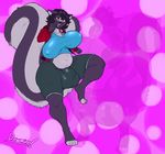  anthro bouncing_breasts breasts bulge clothed clothing dawmino dickgirl intersex lipstick looking_at_viewer makeup mammal nipple_bulge open_mouth skunk slightly_chubby smile solo thick_thighs 