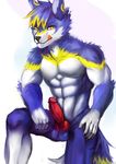  abs agonylight balls biceps bunic canine clothed clothing digital_media_(artwork) hair hi_res knot male mammal muscular pecs penis solo standing topless triceps wolf yellow_eyes 