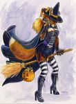  2003 anthro bite black_fur blonde_hair blue_eyes boots bow breasts broom bucket canine cape caribou_(artist) cleavage clothed clothing female footwear fox fur gingerbread_man hair halloween hat holidays jack-o&#039;-lantern legwear magic_user mammal red_fur solo stockings teeth vore white_fur witch witch_hat 