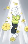  2015 3_toes anthro asriel_dreemurr biped black_eyes boss_monster caprine child claws clothed clothing crying cub digital_drawing_(artwork) digital_media_(artwork) floating floppy_ears flower full-length_portrait fur grey_background head_tuft hi_res humanoid_hands interlocked_fingers lighting male mammal plant portrait side_view simple_background smile solo suspended_in_midair tears toes undertale video_games white_fur yellowhellion young 