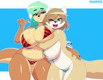  2017 3mangos anthro big_breasts bikini black_nose blue_eyes breasts brown_hair canine clothing coyote duo eyewear female glasses green_hair hair looking_at_viewer mammal mustelid nipple_bulge open_mouth open_smile otter slightly_chubby smile swimsuit yellow_eyes 