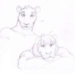  2014 anthro black_and_white cougar crossed_arms duo evane eyebrows feline hair head_tuft hi_res lion looking_at_viewer male mammal mark_(evane) monchi monochrome multiple_images pencil_(artwork) short_hair simon_(evane) simple_background sketch sketch_page smile snout traditional_media_(artwork) white_background 