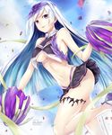  absurdres artist_name bangs bare_shoulders blunt_bangs breasts brynhildr_(fate) cheer_for_master cheerleader confetti fate/grand_order fate/prototype fate/prototype:_fragments_of_blue_and_silver fate_(series) highres leg_up long_hair looking_at_viewer medium_breasts microskirt midriff navel no_bra open_mouth pleated_skirt pom_poms purple_eyes rei_kun silver_hair skirt sky smile solo stomach thighlet underboob very_long_hair visor_cap 