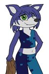  anthro bloodline_(webcomic) blue_fur canine clothed clothing ember_(bloodline) female flat_chested fully_clothed fur green_eyes hand_on_hip invalid_background looking_at_viewer mammal pinup pose solo standing young zekromlover 