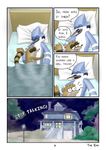  after_sex anthro avian bed bird cartoon_network comic cuddling duo male male/male mammal mordecai_(regular_show) raccoon regular_show rigby_(regular_show) salemnoirex sweaciabic sweat 