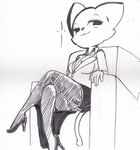  2017 5_fingers anthro breasts business_suit clothing crossed_legs feline female footwear high_heels katia_managan khajiit looking_at_viewer low-angle_view mammal monochrome perspective prequel shoes simple_background sitting skirt smile sofa solo suit the_elder_scrolls traditional_media_(artwork) upskirt video_games vono white_background 