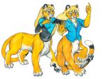  animal_genitalia blonde_hair bottomless breasts chakat chakona_space clothed clothing cougar dickgirl duo feline female fully_sheathed fur goldendale goldfur green_eyes hair intersex julie_wondra mammal sheath simple_background taur white_background yellow_fur 