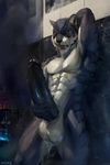  2017 5_fingers abs anthro aolun_(character) balls big_balls biped black_penis blue_hair chunie city cityscape detailed_background digital_media_(artwork) erection fangs feline fur glans grey_fur hair hi_res humanoid_hands humanoid_penis hyper hyper_penis male mammal masturbation muscular muscular_male nude open_mouth pecs penile_masturbation penis retracted_foreskin saber-toothed_cat sabertooth_(feature) shower solo standing stripes teeth tongue uncut vein veiny_penis wet wet_fur whiskers white_fur window 
