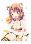  ;3 ;d absurdres animal_ears aqua_bow bikini blush bow breasts brown_hair collarbone food_themed_hair_ornament gloves hair_ornament hairclip highres kemonomimi_mode large_breasts march-bunny maria_(watashi_no_tomodachi_ga_sekaiichi_kawaii) no_shoes one_eye_closed open_mouth page_number paw_gloves paw_pose paws pink_eyes ringlets scan side-tie_bikini skindentation smile solo string_bikini striped striped_bikini striped_legwear swimsuit tail tiger_ears tiger_paws tiger_stripes tiger_tail v-shaped_eyebrows watashi_no_tomodachi_ga_sekaiichi_kawaii yellow_legwear 