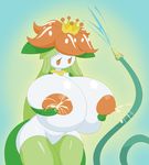  2017 absurd_res alternate_species big_breasts big_thighs biped breast_grab breast_squeeze breasts clothing crown digital_drawing_(artwork) digital_media_(artwork) eyelashes female flora_fauna flower front_view gradient_background green_background green_hair green_legwear hair hand_on_breast hi_res hose huge_breasts humanoid humanoidized lactating leaf leaking legwear milk mostly_nude nintendo nipples not_furry orange_eyes orange_nipples plant pok&eacute;mon pok&eacute;morph portrait projectile_lactation pussy shmeepo simple_background small_waist solo standing thigh_highs three-quarter_portrait video_games voluptuous water white_body white_pussy yellow_background 