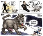  ben_garrison brown_fur canine clothing collar comic crawling dog domination english_text feral fur growth hat human knot leash male mammal penis political_cartoon politics size_difference spiked_collar spikes suit teeth text united_states_of_america 