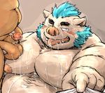  2017 anthro ashigara balls bear boar brown_fur cum cum_on_face duo fur gouryou gouryu kotobuki mammal nipples penis porcine slightly_chubby tokyo_afterschool_summoners 