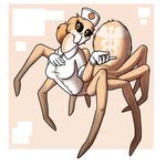  abdomen arachnid arthropod black_sclera breasts caduceus clothed clothing gloves hat kea_(artist) multi_leg multi_limb nurse nurse_clarissa simple_background spider tagme uniform 