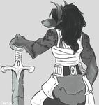  anthro bandage canine ceasie_(artist) clothed clothing digital_drawing_(artwork) digital_media_(artwork) female fur hair holding_(disambiguation) holding_object holding_weapon long_hair mammal melee_weapon muscular muscular_female pointy_ears rear_view simple_background solo standing sword video_games warcraft weapon were werewolf worgen 