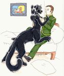  2002 admiral_boyce bed black_fur black_hair breasts brown_hair chakat chakona_space clothed clothing duo female fur hair human kacey licking licking_lips male mammal midnight_(goldfur) nipples nude pillow taur tongue tongue_out 