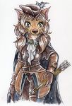  anthro arrow brown_fur canine cloak clothed clothing digital_drawing_(artwork) digital_media_(artwork) female front_view fur hair hat holding_(disambiguation) holding_object holding_weapon long_hair mammal monniponi_(artist) pointy_ears ranged_weapon simple_background teeth video_games warcraft weapon were werewolf white_background worgen 