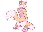 2017 4_toes anthro bedroom_eyes bulge butt canine claws clothed clothing collar crossdressing crown digital_media_(artwork) fox fur girly half-closed_eyes hindpaw jonas-puppeh looking_at_viewer looking_back male mammal multicolored_fur naughty_face orange_fur pandora&#039;s_fox panties pawpads paws raised_tail seductive shirt simple_background solo tang_top thong tiara toes two_tone_fur underwear 