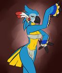  2017 alternate_version_available anthro beak blue_feathers breasts breath_of_the_wild clothed clothing crest crossgender feathers female kass_(zelda) konkitty loincloth looking_at_viewer midriff nintendo orange_eyes portrait solo standing the_legend_of_zelda three-quarter_portrait video_games wings 