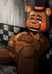  2017 4_fingers 7nulls animatronic anthro balls bear belly big_belly biped black_nose blue_eyes blush brown_balls brown_body brown_penis digital_drawing_(artwork) digital_media_(artwork) dripping five_nights_at_freddy&#039;s five_nights_at_freddy&#039;s_2 glans half-closed_eyes handjob hat hi_res inside japanese looking_at_penis looking_at_self looking_down looking_pleasured lying machine mammal necktie on_back open_mouth penis phimosis pink_glans precum raised_arm reclining robot sex tapering_penis top_hat toy_freddy_(fnaf) uncut video_games 