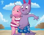  anthro assisted_exposure austin_(backyardigans) backyardigans beach blargsnarf clothing cub detailed_background digital_media_(artwork) flaccid hi_res humanoid_penis kangaroo long_foreskin looking_down male mammal marsupial penis seaside shorts swimsuit uncut uniqua unknown_species watermark young 