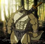  2017 abs anthro barbarian biceps canine clothing detailed_background dog forest german_shepherd hyper hyper_muscles invalid_tag loincloth looking_at_viewer male mammal melee_weapon muscular muscular_male navel pecs solo sword tree warrior weapon xxsparcoxx 