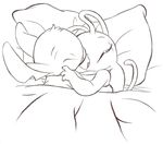  2011 alien angel_(lilo_and_stitch) antennae bed bedding blanket claws cropped cuddling disney duo experiment_(species) eyes_closed fur greyscale head_tuft lilo_and_stitch line_art monochrome notched_ear pillow romantic_couple smile squint stitch stitchthebitch traditional_media_(artwork) tuft 