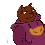  2017 alinaisrafilova anthro bear breasts brown_fur clothing eyebrows eyelashes fangs female fur hooded_jacket hoodie invalid_tag jacket laces logo mammal night_in_the_woods red_irises selmers_(nitw) simple_background smile solo teeth white_background 