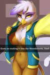  2017 absurd_res anthro anthrofied avian beak bottomless breasts captainpudgemuffin clothed clothing english_text feathers female friendship_is_magic gilda_(mlp) gryphon hi_res looking_at_viewer my_little_pony navel open_jacket pussy selfie solo text 