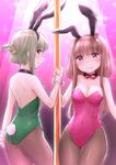  alternate_costume animal_ears blush bow breasts brown_hair bunny_ears bunny_tail bunnysuit choker cleavage commentary_request cowboy_shot fake_animal_ears fake_tail folded_ponytail gradient gradient_background green_eyes green_hair green_leotard highres leotard looking_at_viewer medium_breasts multiple_girls navel nishida_satono pink_background pink_bow pink_leotard pole pole_dancing purple_eyes short_hair_with_long_locks smile sparkle spotlight tail teireida_mai touhou wamu_(chartreuse) wrist_cuffs 