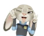  2017 3d_(artwork) absurd_res clothed clothing digital_media_(artwork) disney double_v_sign female foxidro fur gaping_mouth hi_res judy_hopps lagomorph looking_at_viewer mammal one_eye_closed open_mouth police_uniform pose purple_eyes rabbit smile teeth tongue tongue_out uniform uvula v_sign wink zootopia 