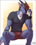  5_fingers anthro blue_skin brown_hair clothed clothing dragon feralise fully_clothed hair horn male markings multicolored_skin muscular muscular_male orange_eyes relaxing shirt shorts simple_background sitting smile snout solo tan_background two_tone_skin white_skin 