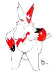  2017 anthro big_breasts breasts claws female fur gearfactory looking_at_viewer multicolored_fur navel nintendo nipples nude pok&eacute;mon red_eyes red_fur signature simple_background slightly_chubby solo standing two_tone_fur video_games white_background white_fur zangoose 