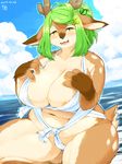  2017 4_fingers anthro antlers areola_slip big_breasts black_nose blue_sky breasts cervine countershading female front_view green_hair hair hairclip hi_res horn kame_3 looking_at_viewer mammal navel nipple_bulge outside seaside signature sky slightly_chubby solo yellow_eyes yuzuki_(kame_3) 