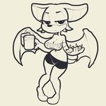  2017 4_fingers alcohol anthro bat bat_wings beer beverage breasts cleavage clothed clothing croptop crossed_feet digital_media_(artwork) ears_down female food half-closed_eyes hooters itsunknownanon looking_at_viewer mammal membranous_wings midriff monochrome navel rouge_the_bat shorts simple_background solo sonic_(series) stading waiter white_background wings 