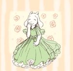  anthro boss_monster caprine clothing digital_media_(artwork) dress eyes_closed female flower fur goat horn long_ears mammal pattern_background petite-pumpkin pink_background plant rose simple_background smile solo striped_background toriel undertale video_games white_fur 