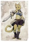  2017 anthro breasts cat cleavage clothed clothing feline female fur katia_managan khajiit makkon mammal melee_weapon prequel simple_background solo standing sword the_elder_scrolls toes video_games weapon webcomic whiskers wraps yellow_fur 